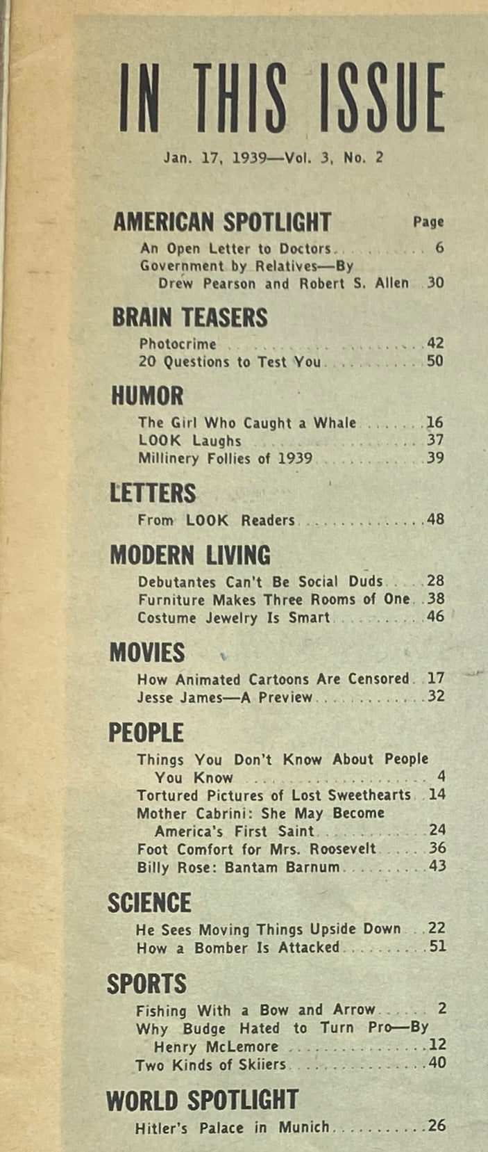Table of contents page from VTG Look Magazine January 17, 1939 Vol 3 No. 2 listing featured articles including an open letter to doctors and popular humor.