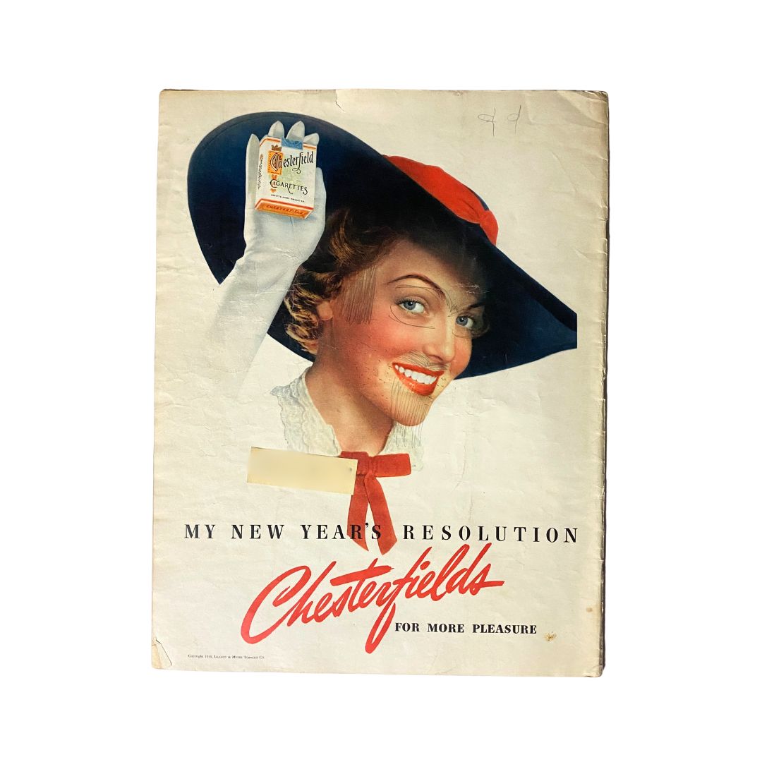 Back cover of VTG Look Magazine January 17, 1939 Vol 3 No. 2 showcasing an advertisement for Chesterfield cigarettes with a smiling woman wearing a large hat.