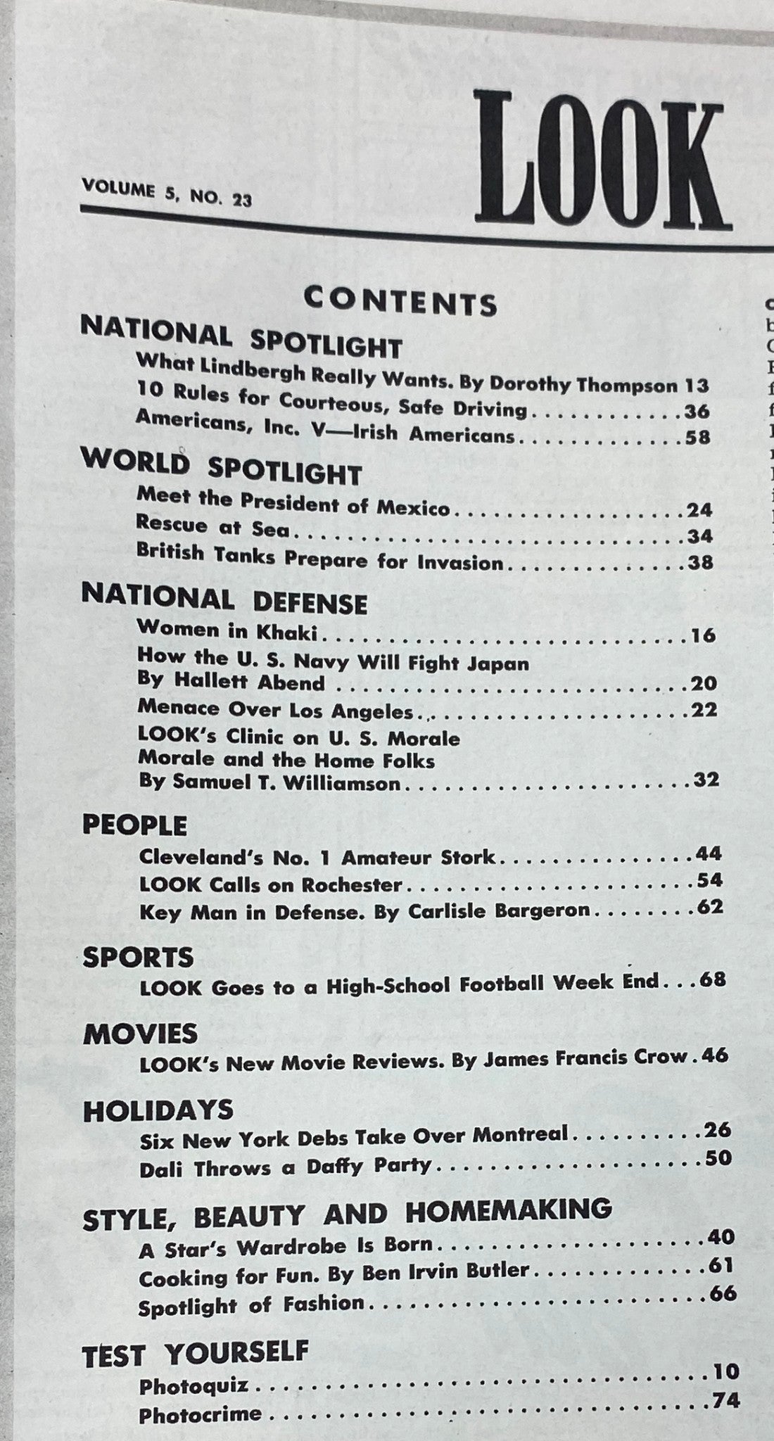 Contents page of Vintage Look Magazine, November 18, 1941, Volume 5, No. 23, listing articles including 'What Lindbergh Really Wants' and 'How the U.S. Navy Will Fight Japan'.