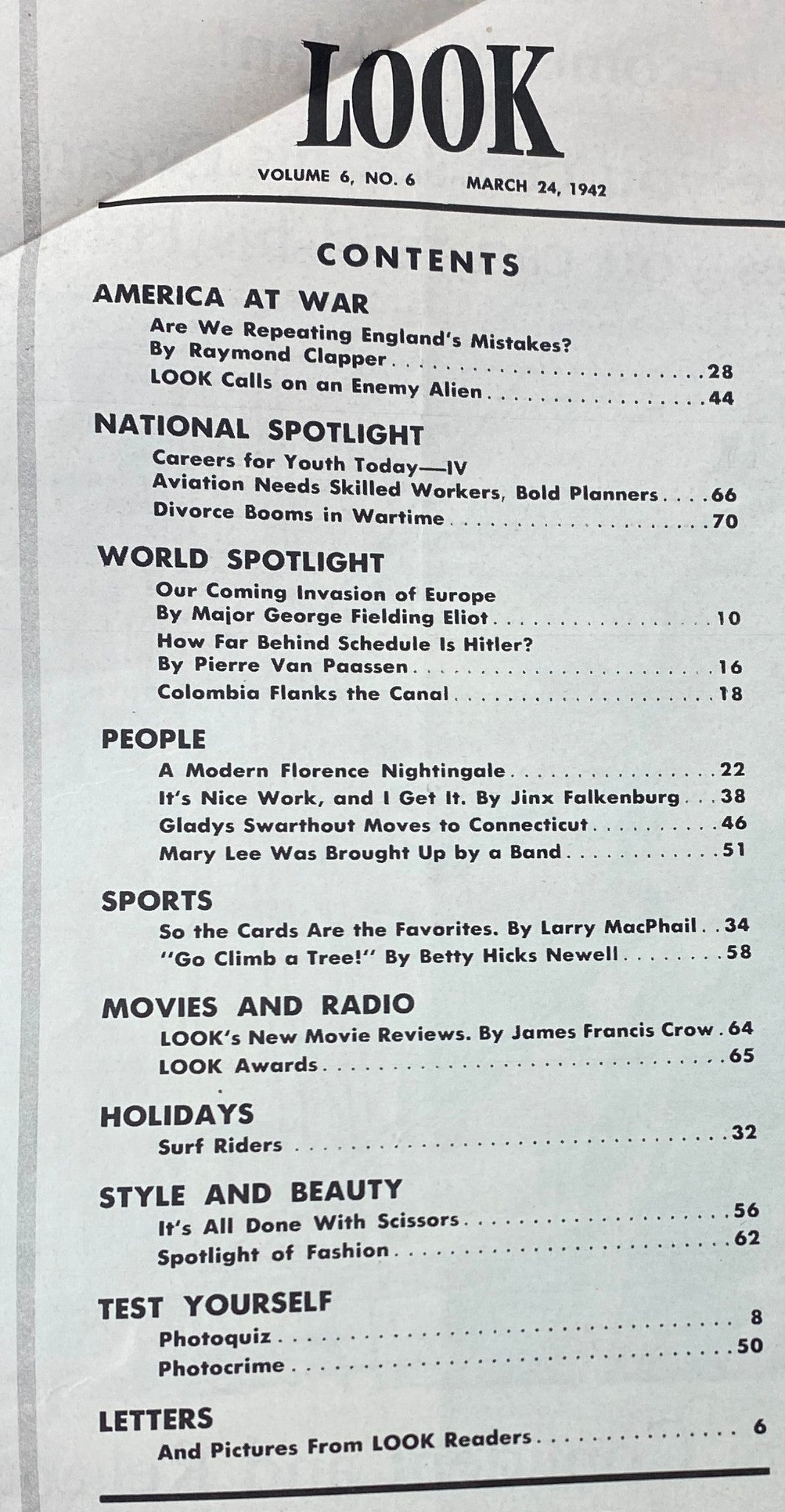 Table of contents from the VTG Look Magazine March 24, 1942, Vol 6 No. 6, detailing articles about World War II strategies and American public sentiment.