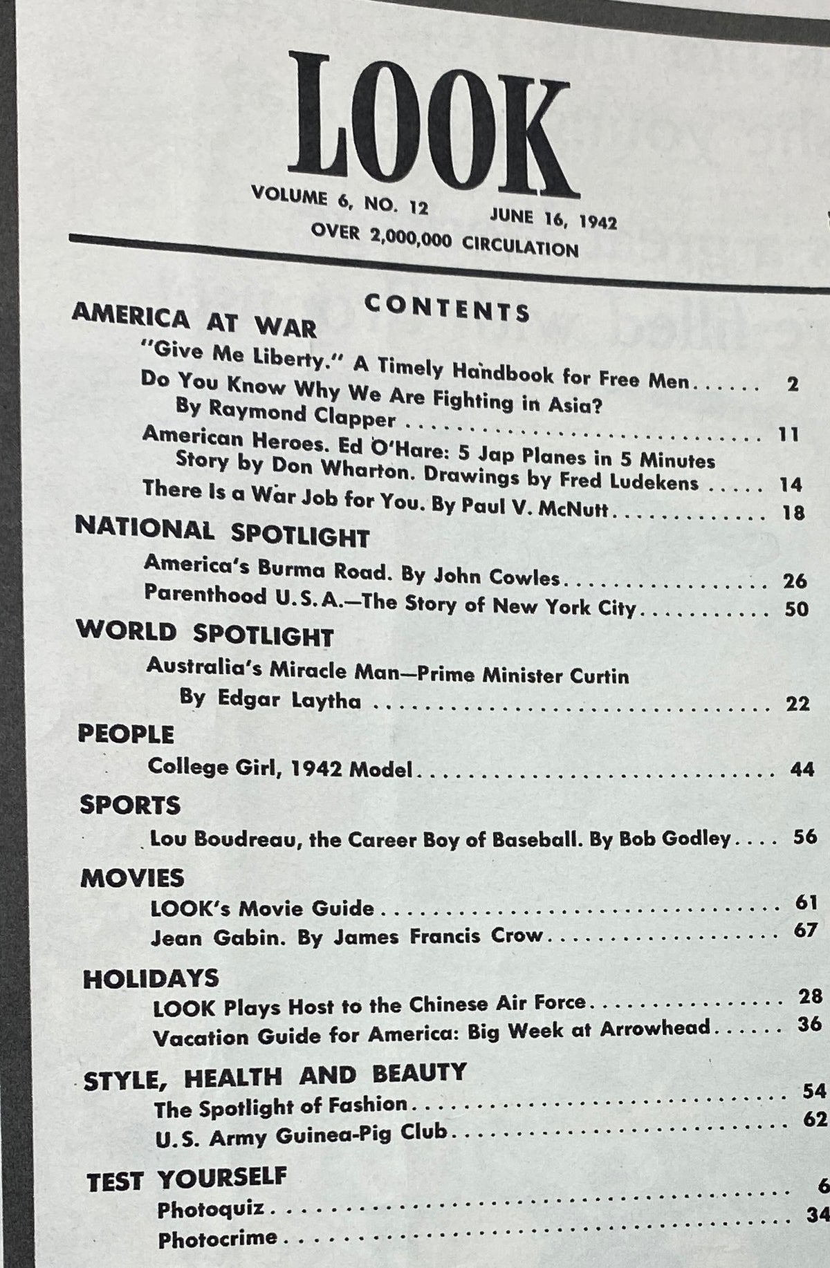 Contents page of the VTG Look Magazine June 16, 1942 Vol 6 No. 12, detailing articles and features on World War II and American culture.