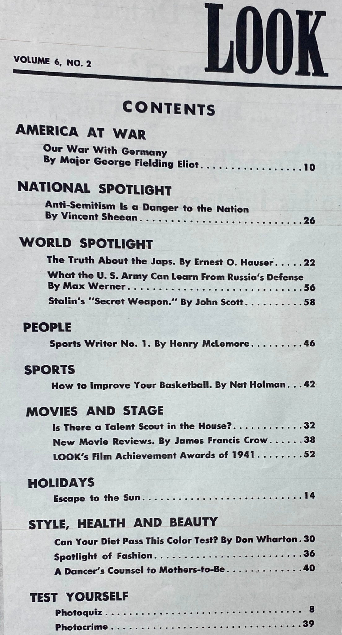 Table of contents from Look Magazine January 27, 1942, Volume 6, No. 2, listing articles including 'America at War' and 'National Spotlight'.