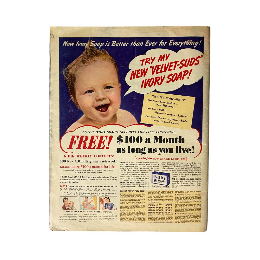 Back cover of Look Magazine January 27, 1942, Volume 6, No. 2, showcasing an advertisement for Ivory Soap with an image of a smiling baby.