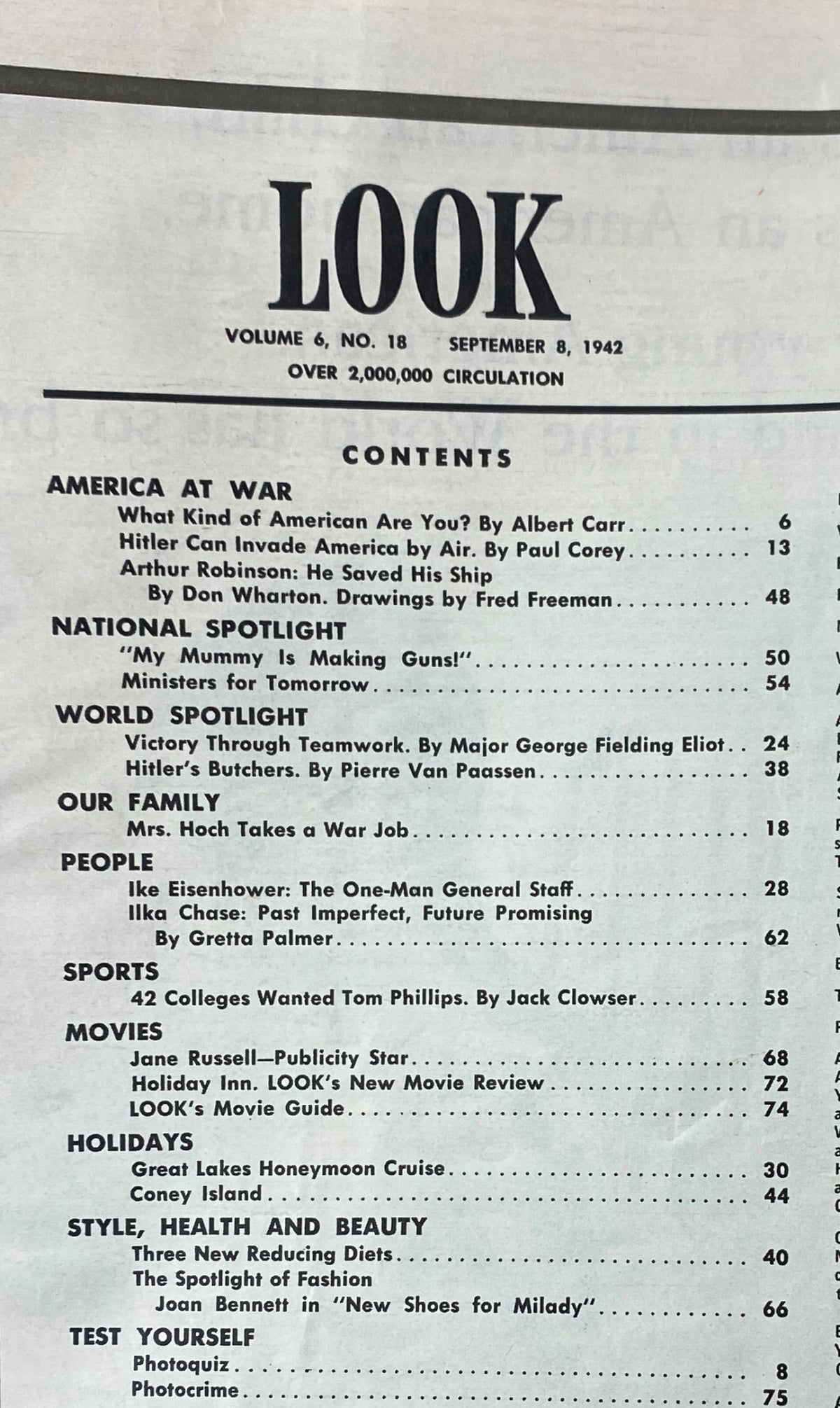 Table of contents page from VTG Look Magazine September 8, 1942 Vol 6 No. 18 detailing featured articles and topics.