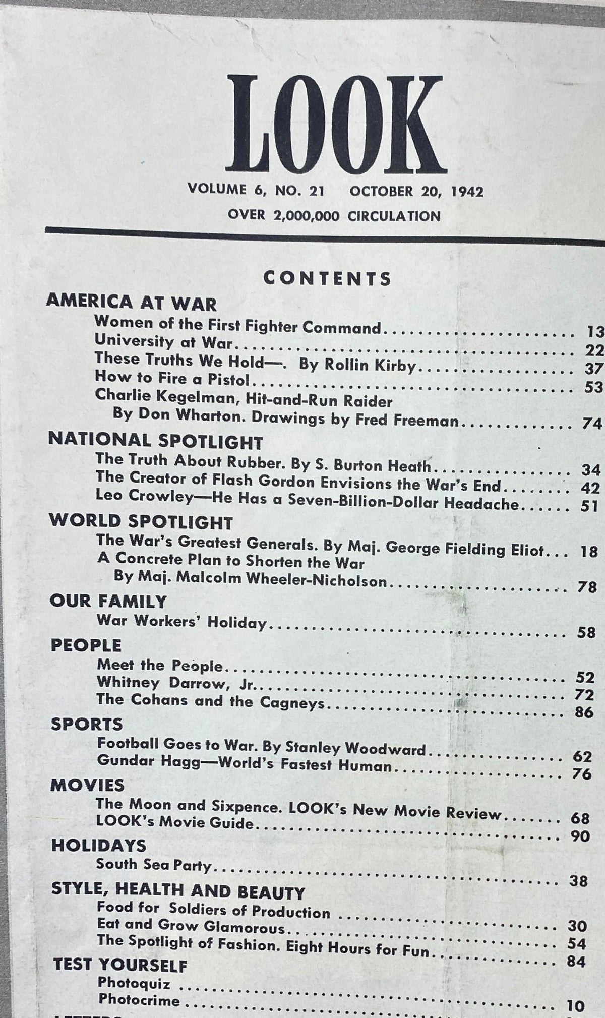 Table of contents page from VTG Look Magazine October 20, 1942 Vol 6 No. 21 listing features including 'Women of the First Fighter Command' and 'The War's Greatest Generals'.