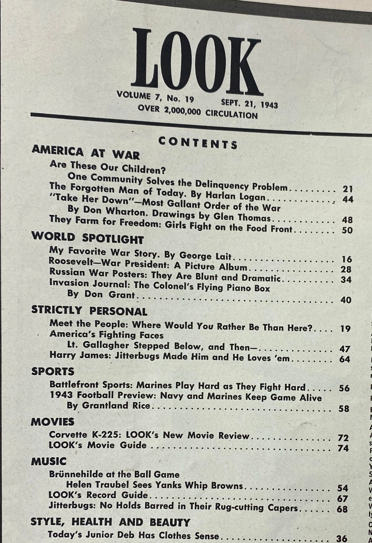 Contents page of Look Magazine, September 21, 1943, Volume 7, No. 19, outlining articles including a cover story on Franklin D. Roosevelt as War President, and topics on wartime challenges.