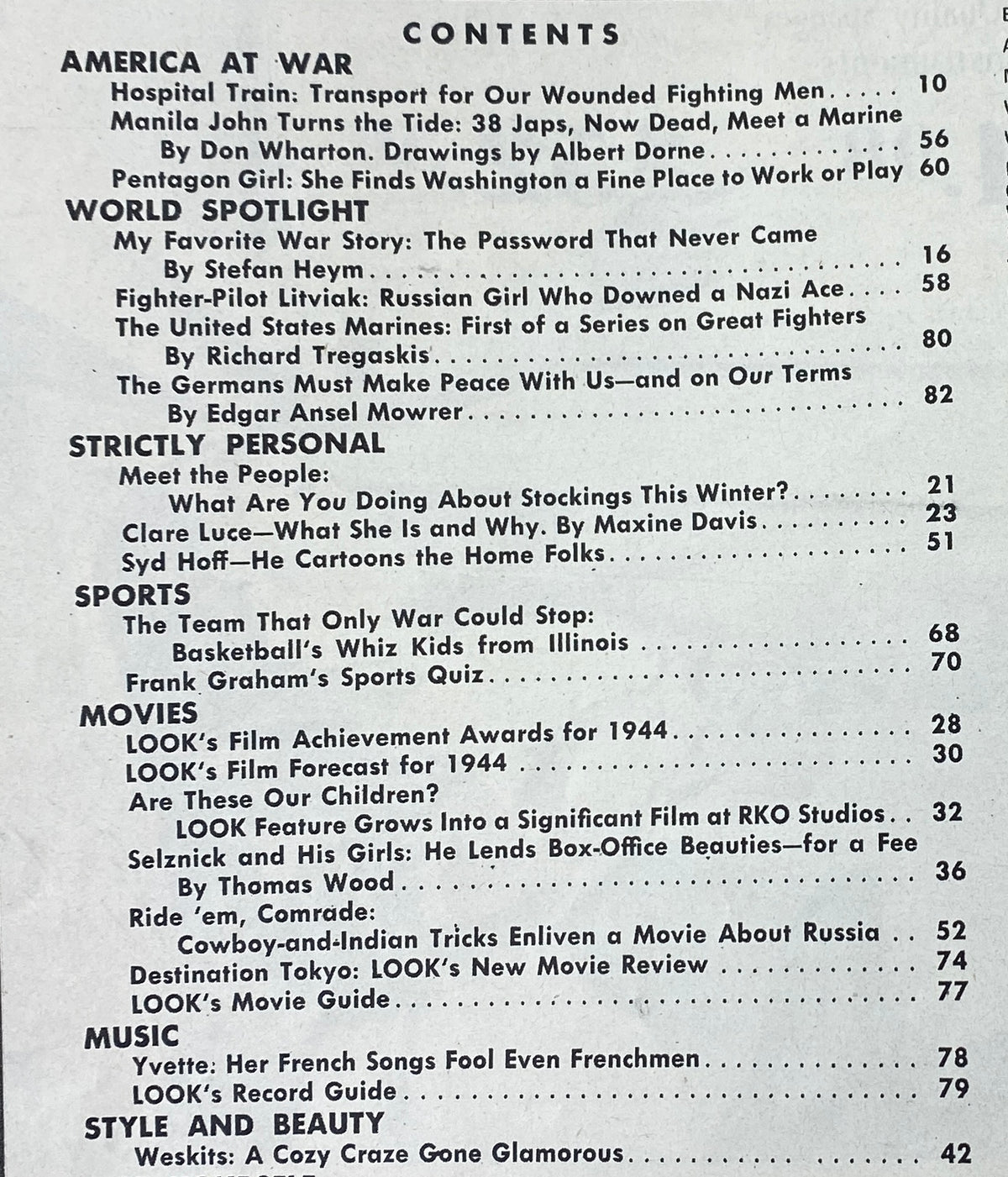 Contents page of VTG Look Magazine January 25, 1944, highlighting articles on wartime topics, personal stories, film achievements, and cultural insights.