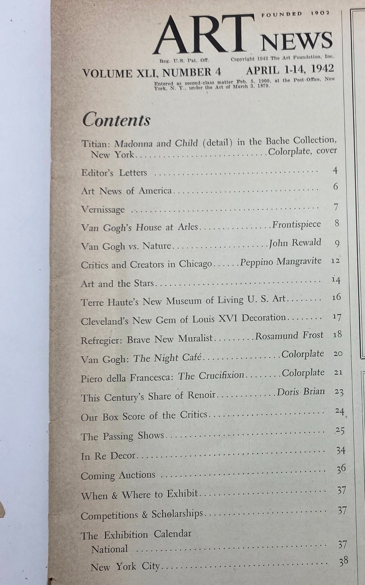 Contents page of the Art News Magazine April 1, 1942, listing articles and features including Titian's Madonna and Child.
