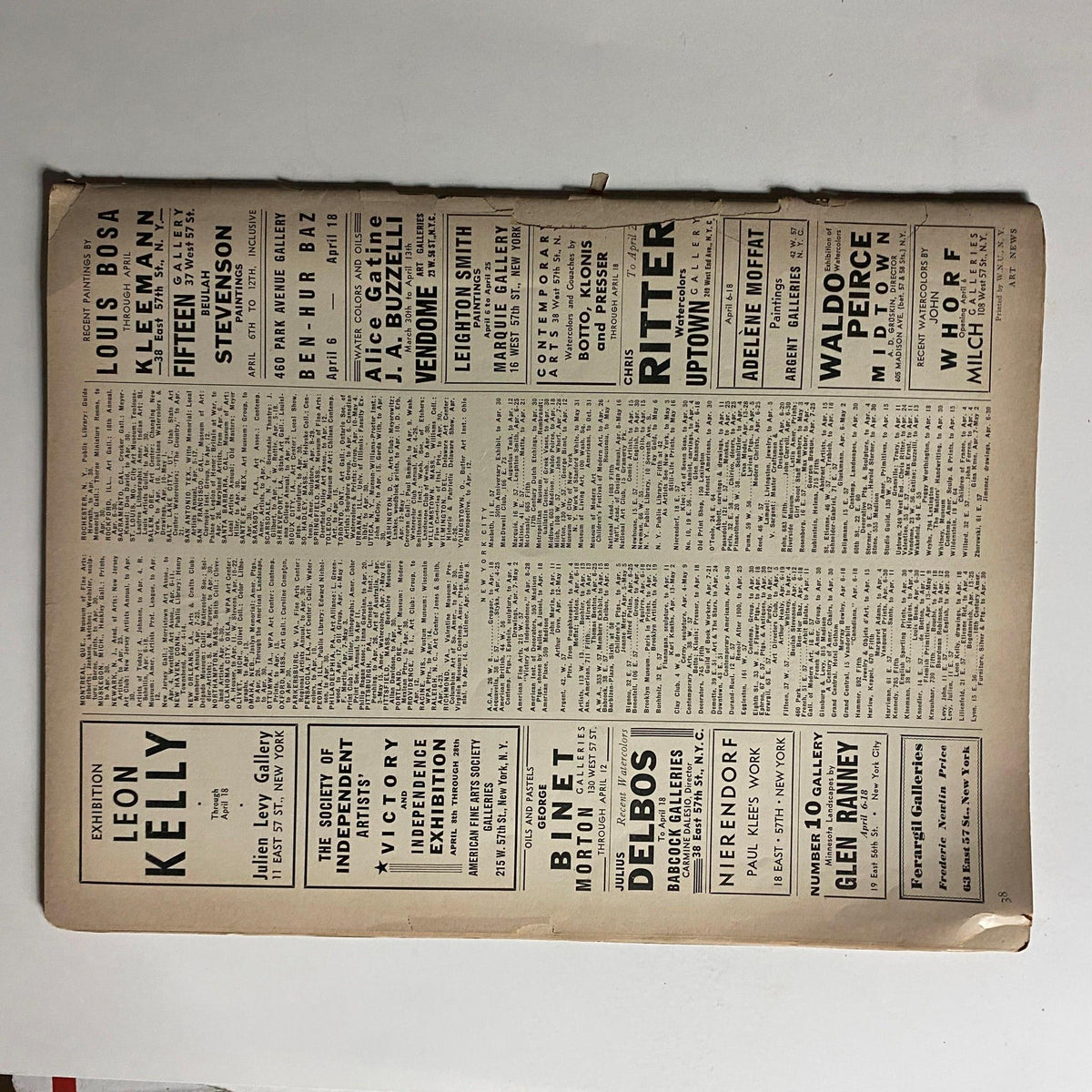 Back cover of the Art News Magazine April 1, 1942, displaying exhibition advertisements and listings.