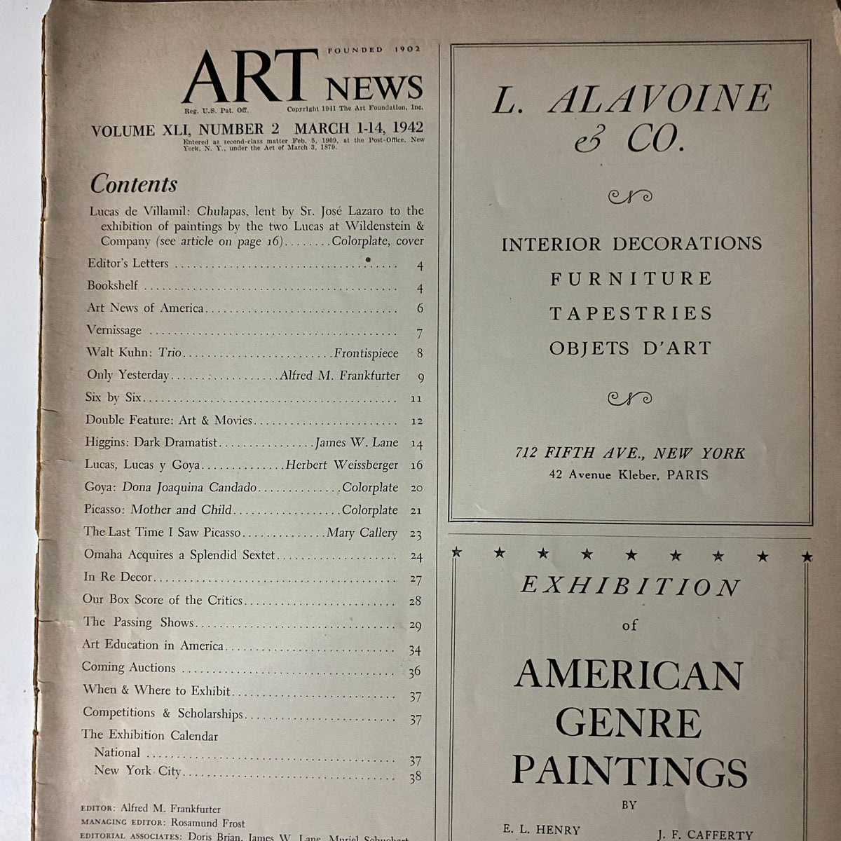 Contents page of VTG Art News Magazine, March 1, 1942 listing articles including Lucas de Villamil and various art features with editorial details.