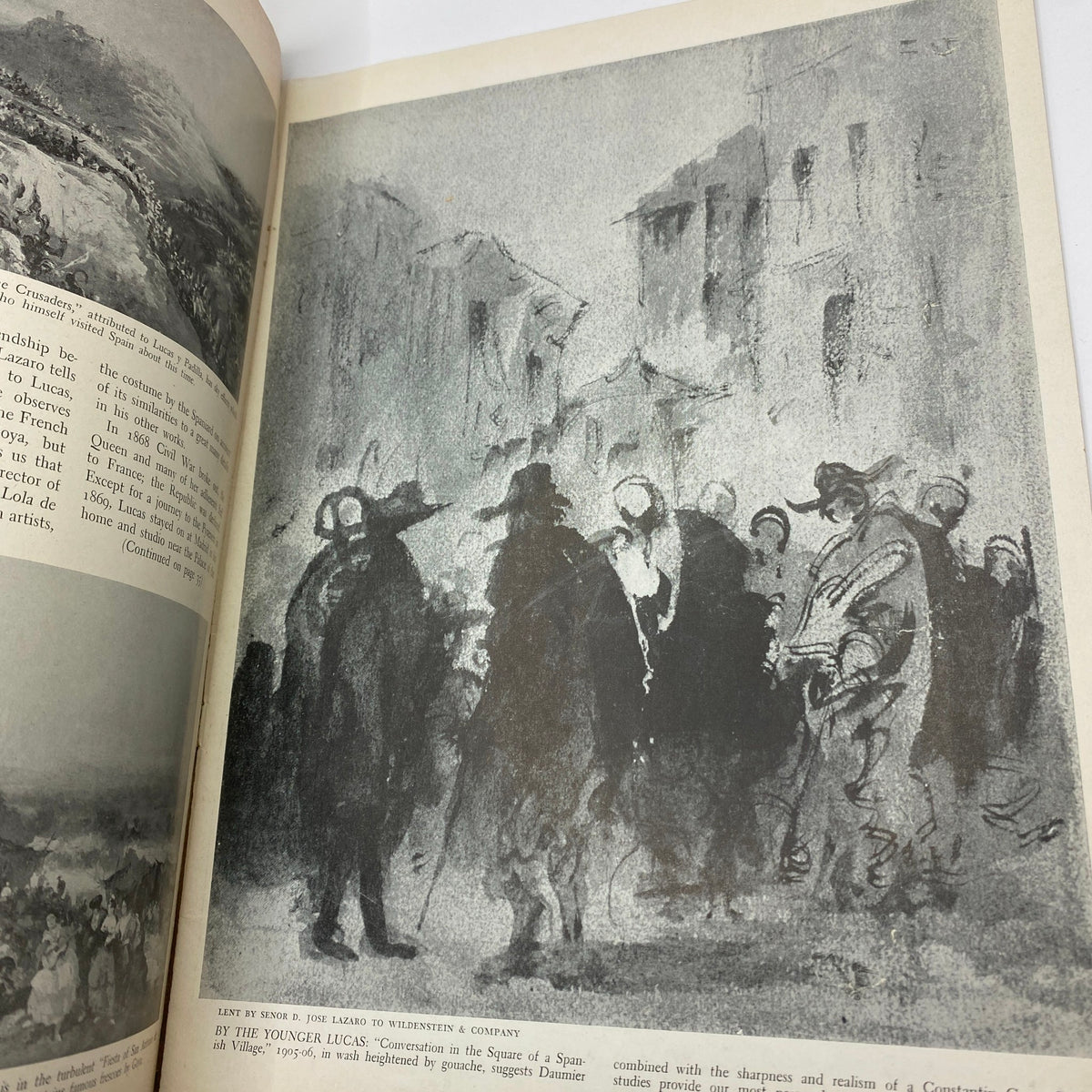 Interior page of VTG Art News Magazine, March 1, 1942 showcasing a black and white artwork titled 'Conversation in the Square of a Spanish Village' by The Younger Lucas, accompanied by descriptive text.
