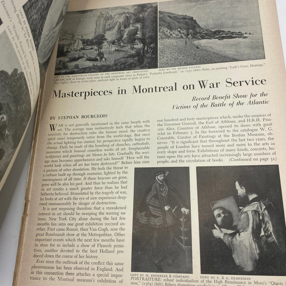 Art News Magazine February 15, 1942, highlighting text and images related to 'Masterpieces in Montreal on War Service', exploring art contributions during wartime.