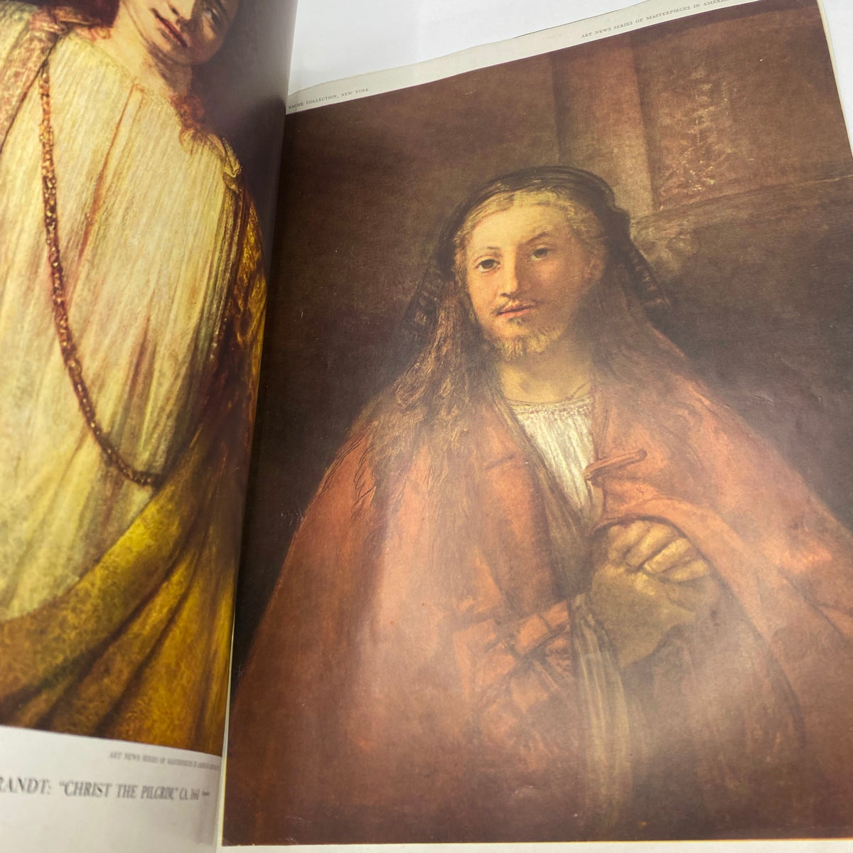 Page from 'Art News Magazine' dated February 1, 1942, displaying a colorplate of Rembrandt's painting 'Christ the Pilgrim' alongside other artworks.