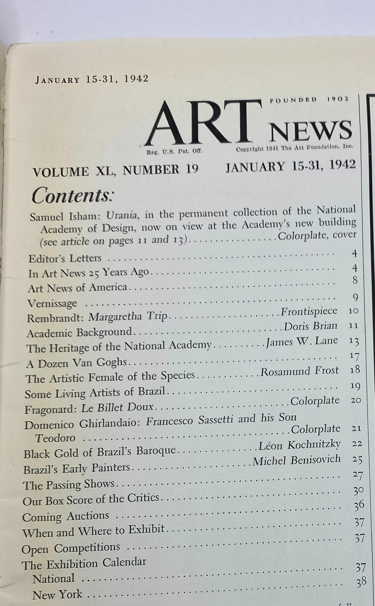 Vintage Art News Magazine January 15, 1942 Samuel Isham: Urania No Label