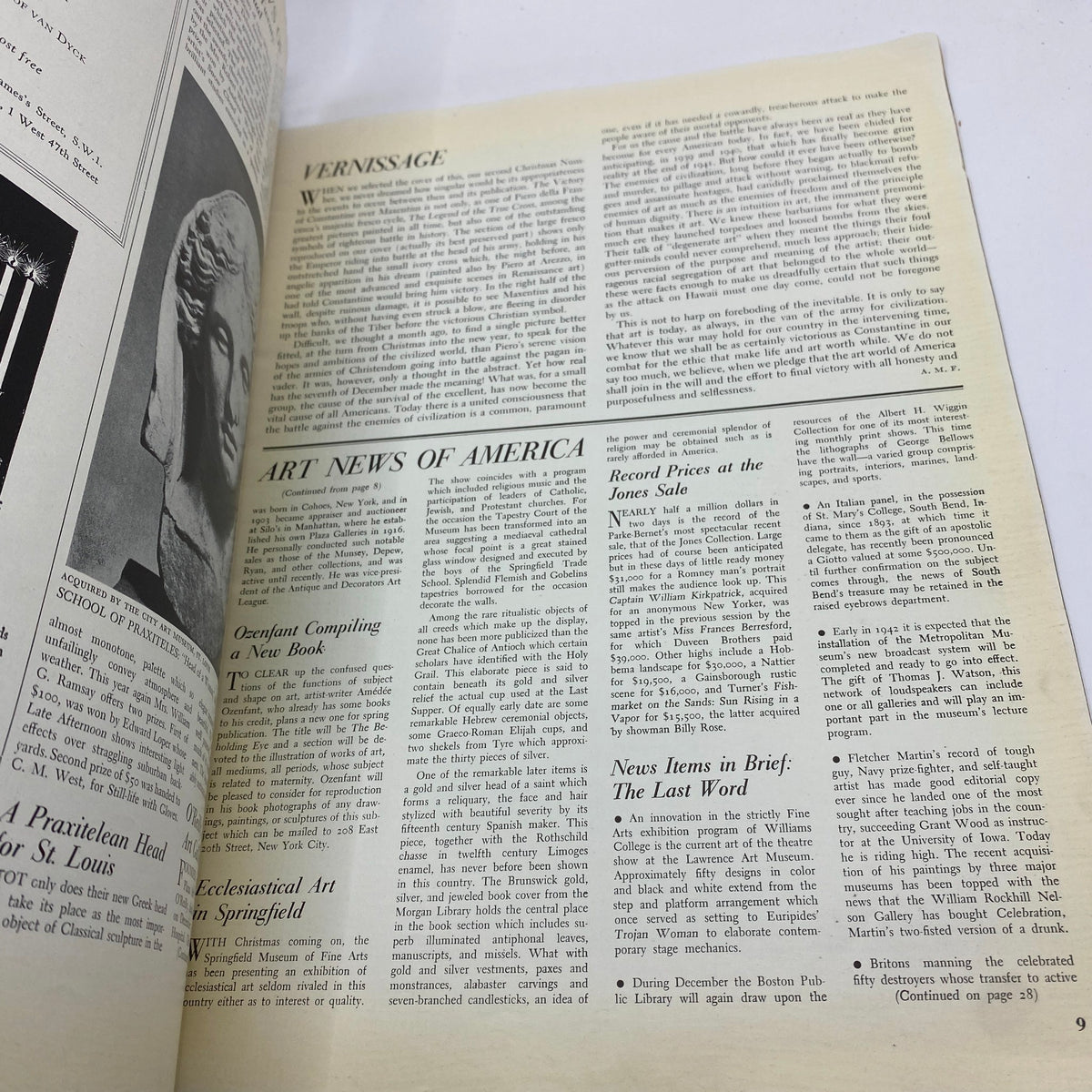 Interior page of the VTG Art News Magazine December 15, 1941 showcasing the 'Vernissage' section and 'Art News of America'.