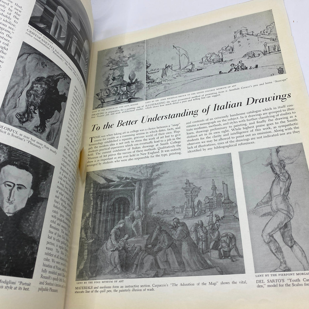 Inside page from VTG Art News Magazine December 15, 1941 showcasing diverse Italian drawings and commentary on the importance of artistic education.