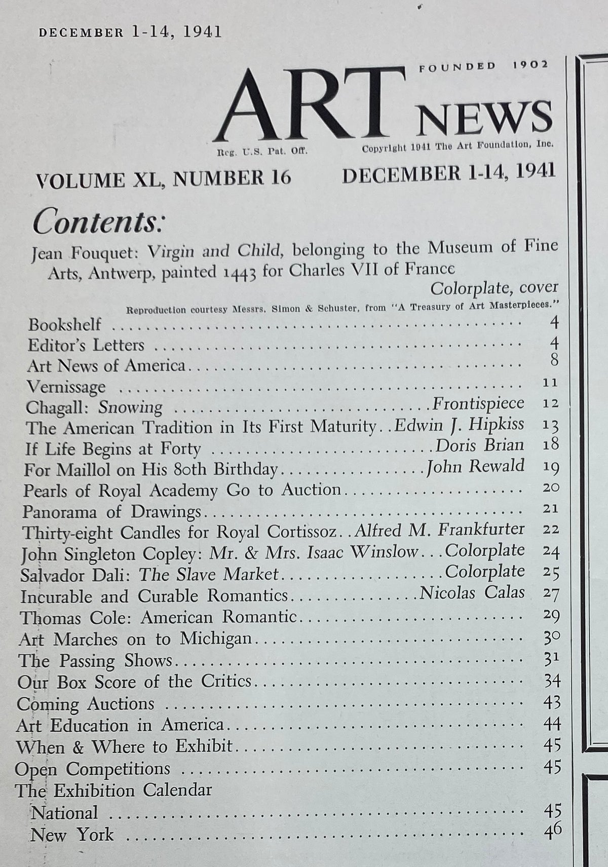 Inside page of VTG Art News Magazine December 1, 1941 displaying contents including Jean Fouquet's Virgin and Child, offering insights on art history and notable articles.