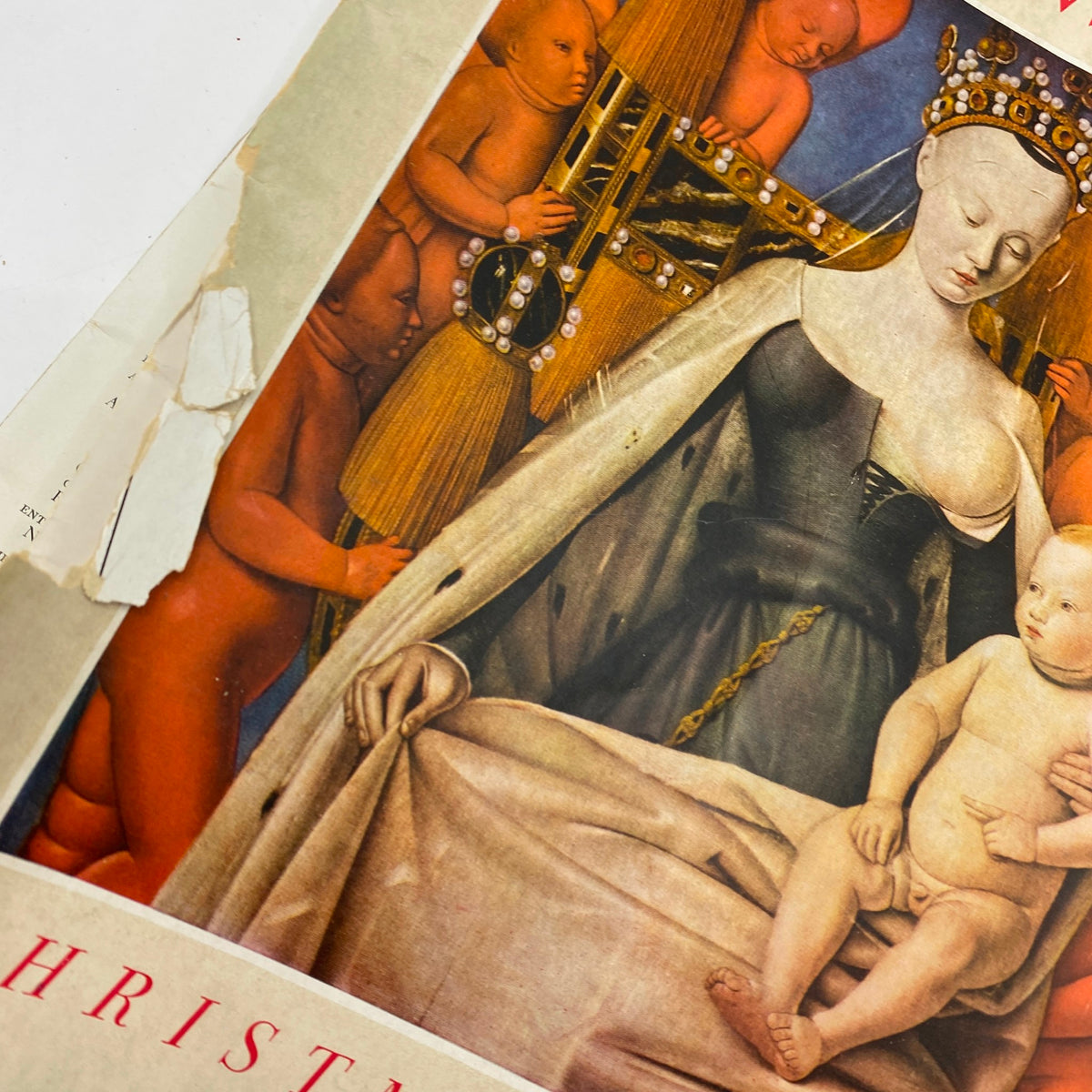 Detail view of VTG Art News Magazine December 1, 1941 cover featuring Jean Fouquet's Virgin and Child, emphasizing the vintage aesthetic and artistic relevance.