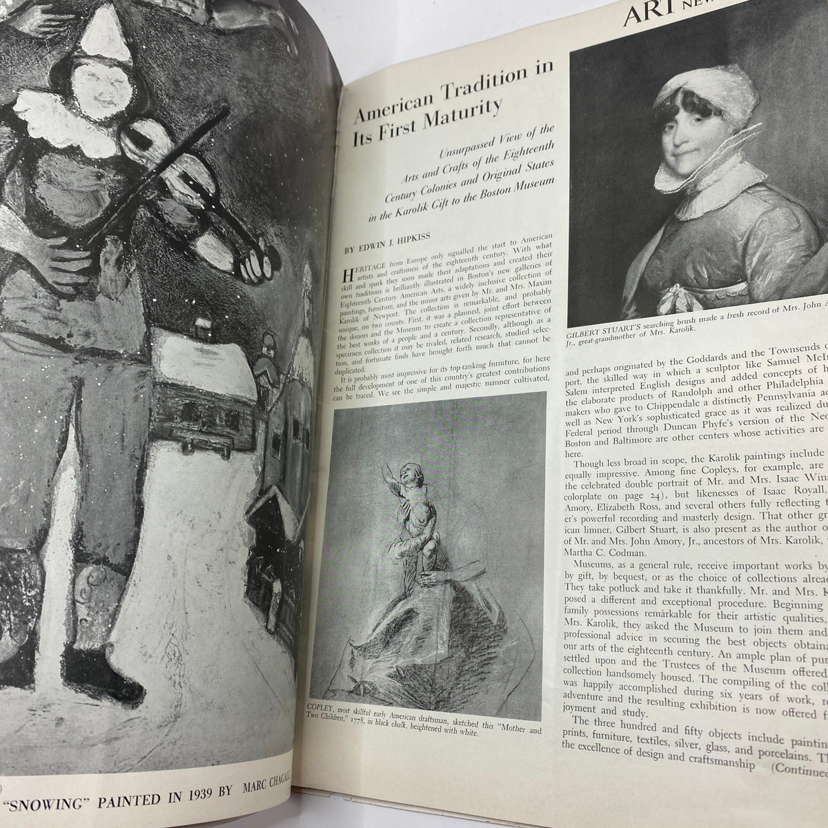 Art News Magazine December 1, 1941 image showcasing Marc Chagall's 'Snowing' painting along with an article titled 'American Tradition in Its First Maturity'.
