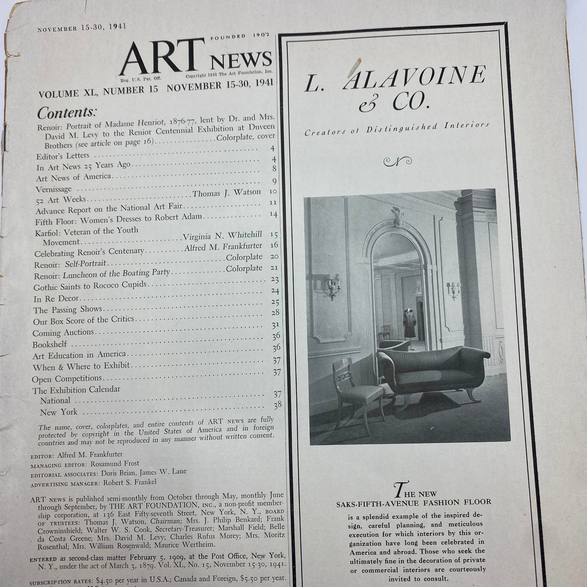 Interior page of Vintage Art News Magazine November 15-30, 1941 showcasing contents, including notable articles on art and culture during that period.