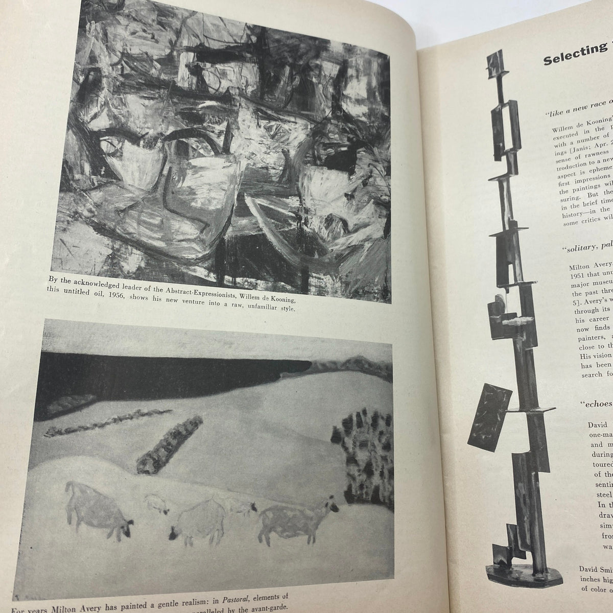 Interior pages of the April 1956 Art News Magazine displaying artworks by Willem de Kooning and Milton Avery.