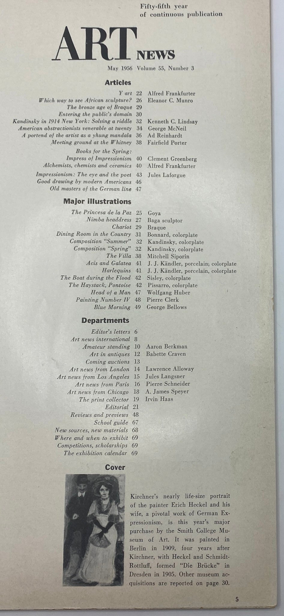 Table of contents from VTG Art News Magazine May 1956, listing articles and major illustrations related to art and culture of the 1950s.