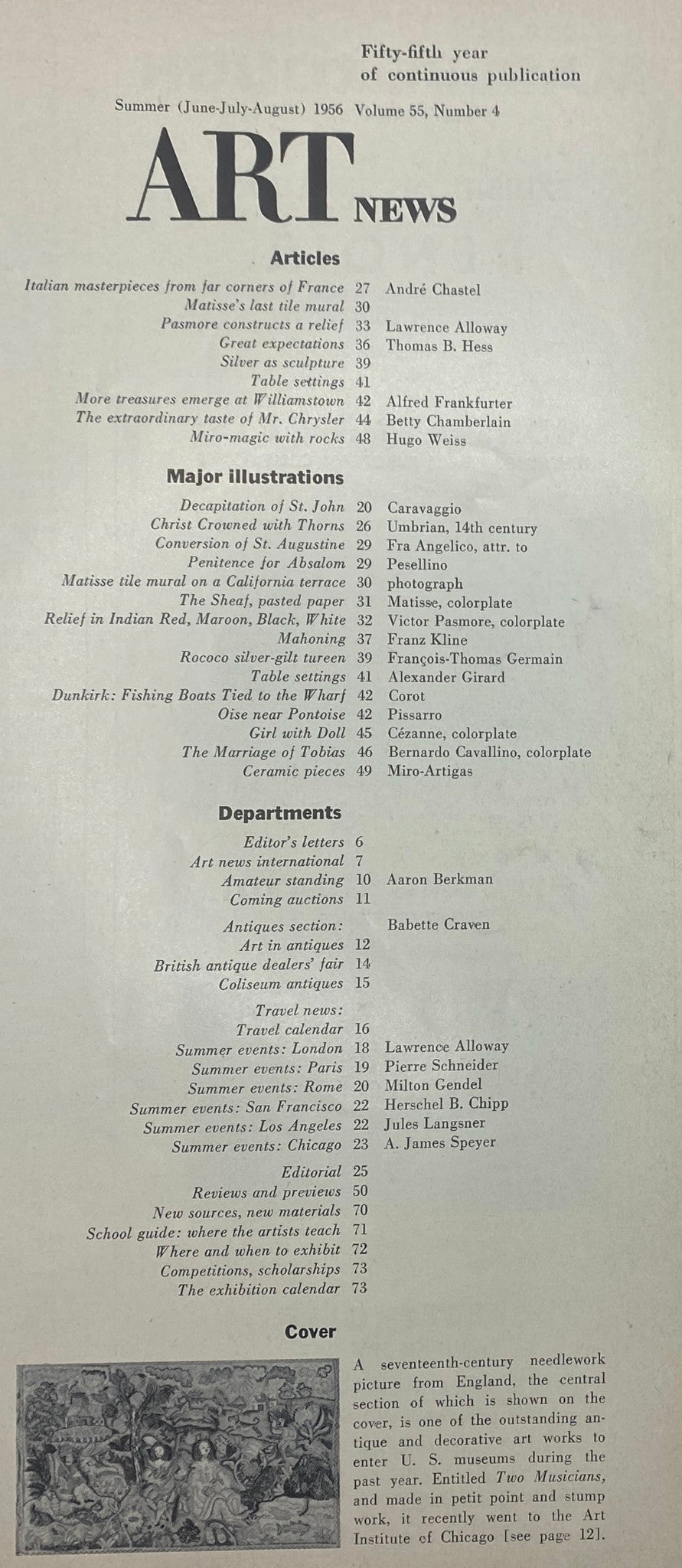 VTG Art News Magazine Summer 1956 contents page listing articles and major illustrations, including discussions on art exhibitions and significant artists of the period.