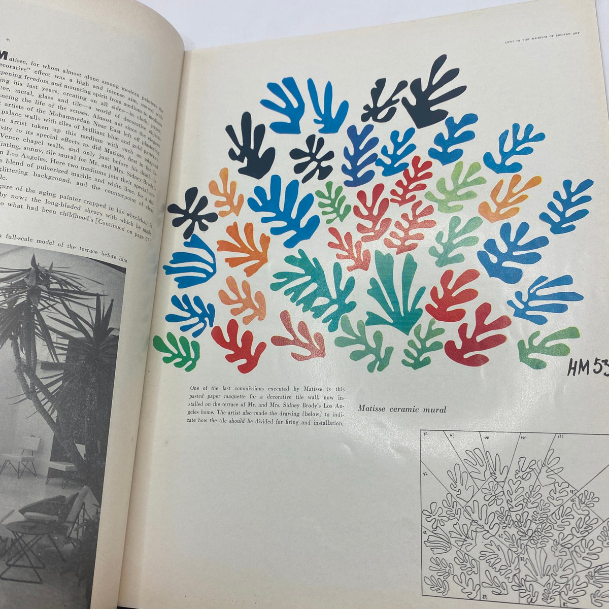 Art News Magazine Summer 1956 highlighting Henri Matisse's colorful hand designs for a ceramic mural, demonstrating Matisse's unique artistic style and contributions to mid-20th century art.