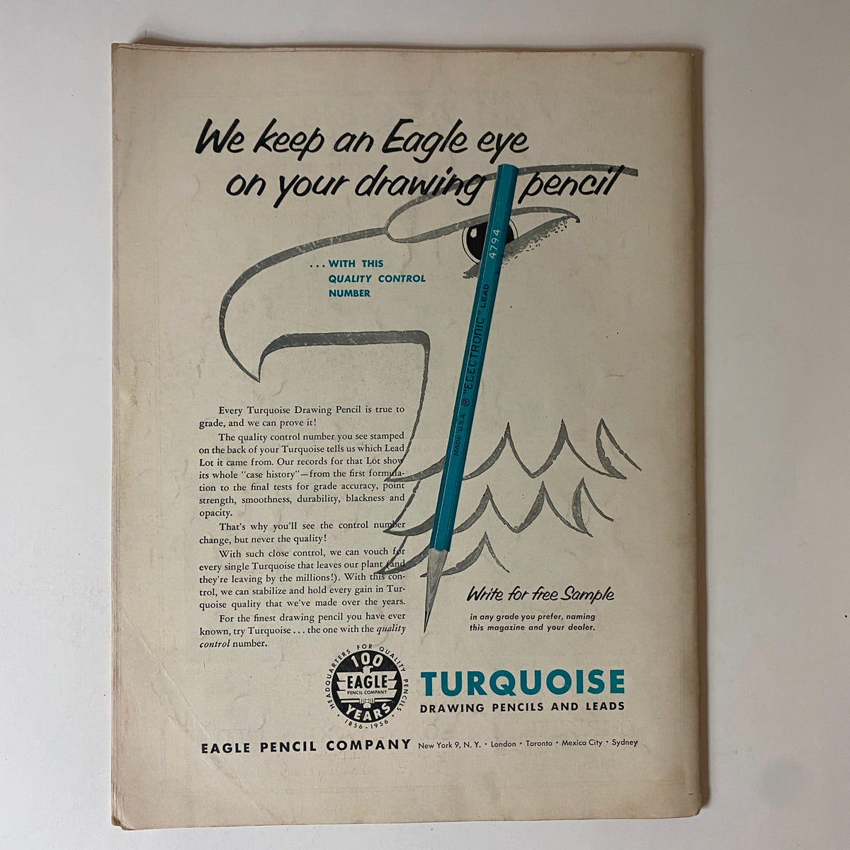 Art News Magazine Summer 1956 advertisement for Eagle Pencil Company, promoting their Turquoise drawing pencils with a distinct design and quality assurance message.