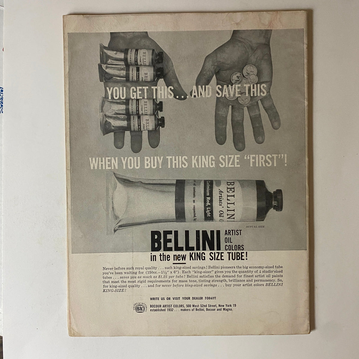 Advertisement from VTG Art News Magazine April 1958 promoting Bellini artist oil colors in a king size tube. The image contrasts hands holding paint tubes and coins, emphasizing value for artists.