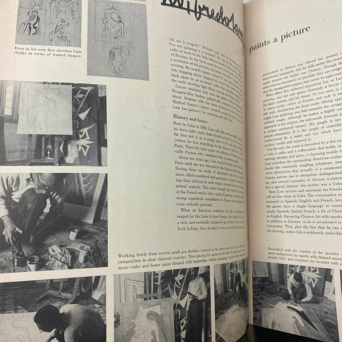 VTG Art News Magazine September 1950 showcasing the artistic process with images of Wifredo Lam sketching and painting during his creative work.