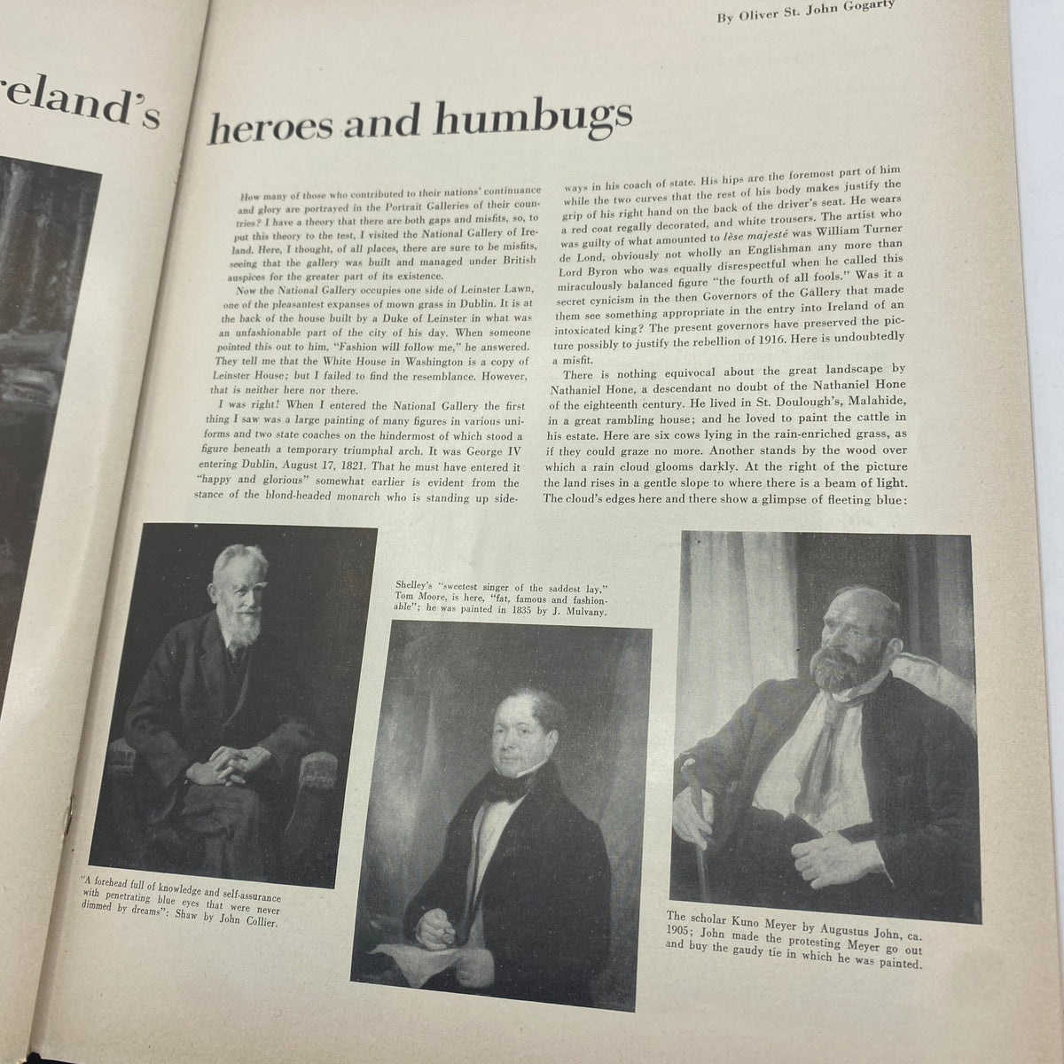Page from VTG Art News Magazine October 1950 featuring an article titled 'Heroes and Humbugs' by Oliver St. John Gogarty, with accompanying portraits.