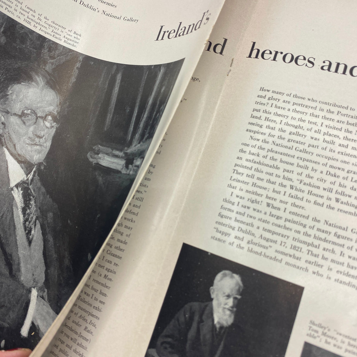 Inside view of VTG Art News Magazine October 1950 showcasing an article about Ireland's art heroes with a portrait illustration.