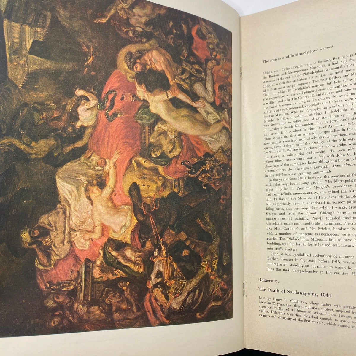 Inside page of 'VTG Art News Magazine November 1950' showcasing Delacroix's painting 'The Death of Sardanapalus' alongside discussion on the theme of brotherly love.