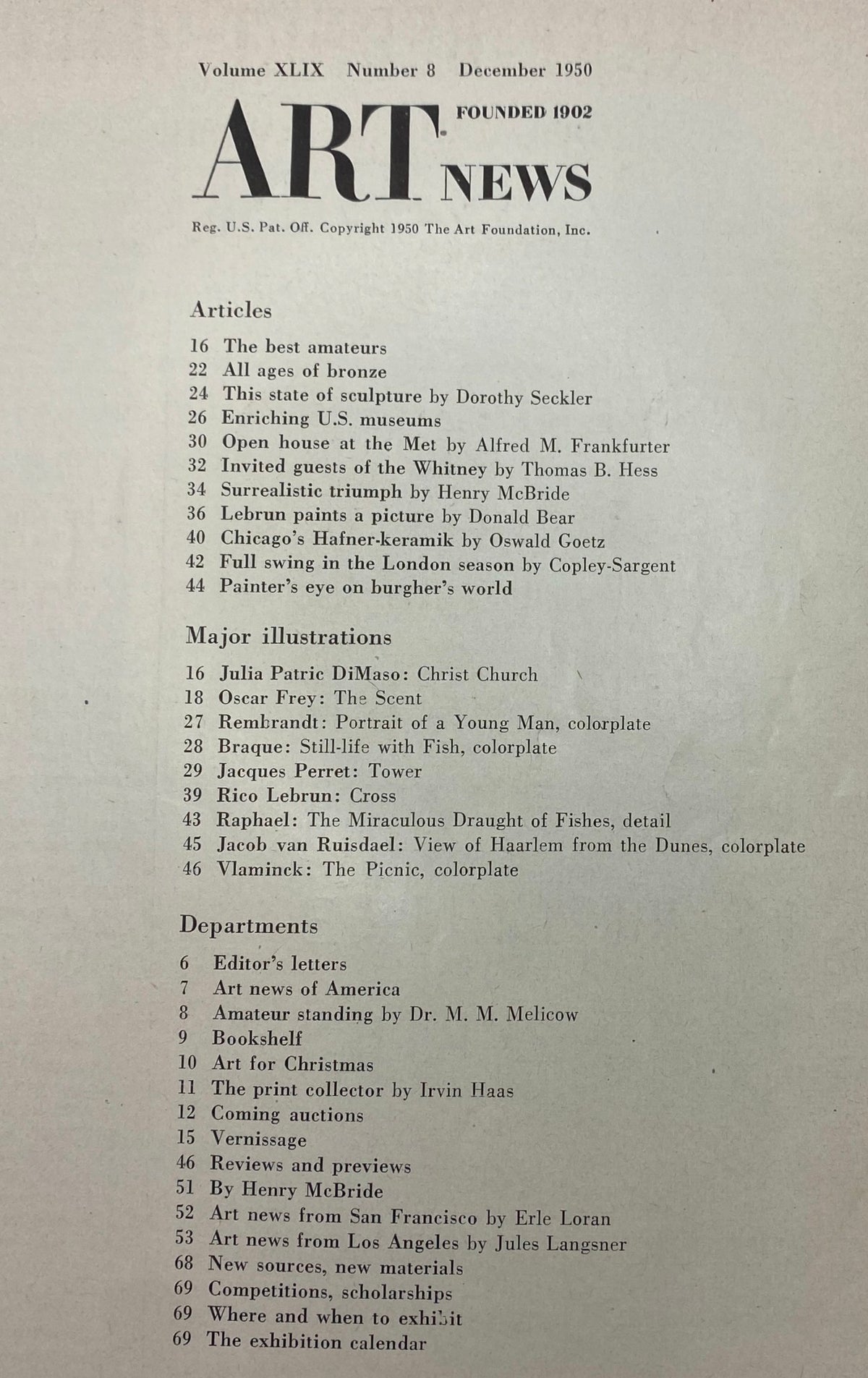 Table of contents from the December 1950 issue of VTG Art News Magazine, showcasing featured articles and major illustrations including Julia Patric DiMaso's Christ Church.
