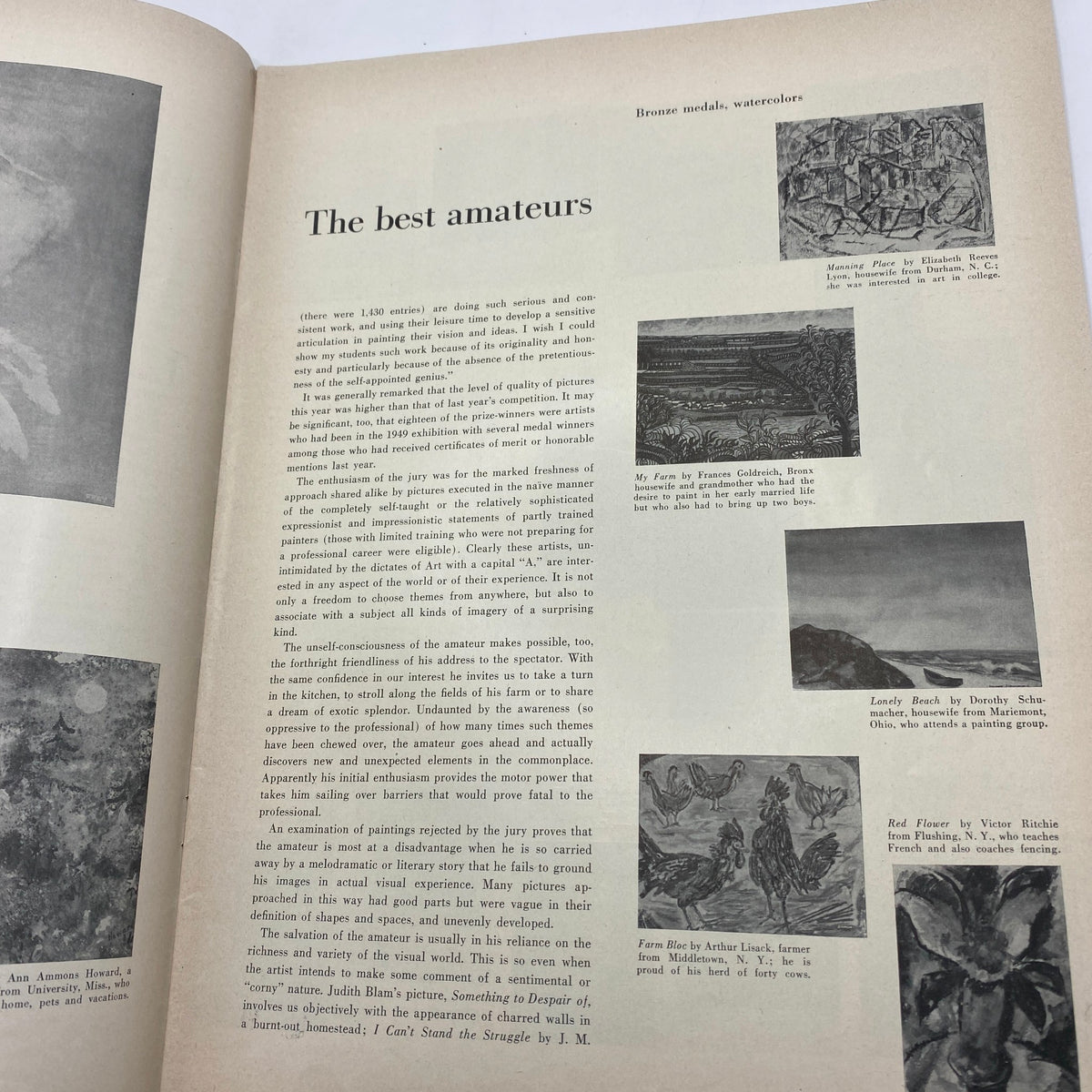Interior page from VTG Art News Magazine December 1950 discussing the article 'The Best Amateurs', featuring images of amateur artworks.