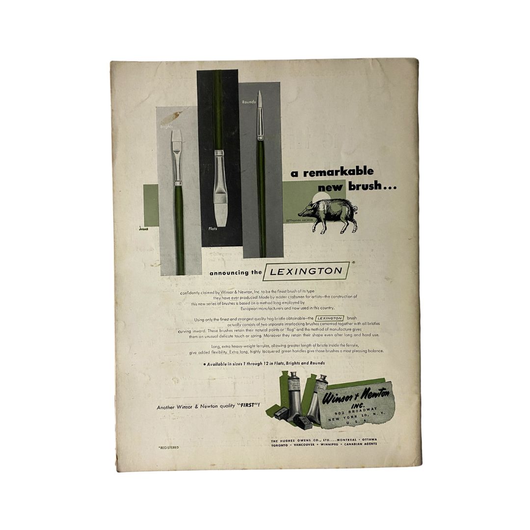 Art News Magazine January 1951 advertisement for Winsor & Newton's new Lexington brush, featuring descriptions and illustrations of the brush types, emphasizing quality and craftsmanship for artists.