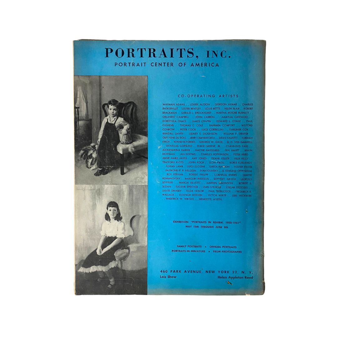 Cover of the magazine 'Portraits, Inc.' showcasing the Portrait Center of America, featuring notable portrait artists and announcing an exhibition from May 16th to June 9th.