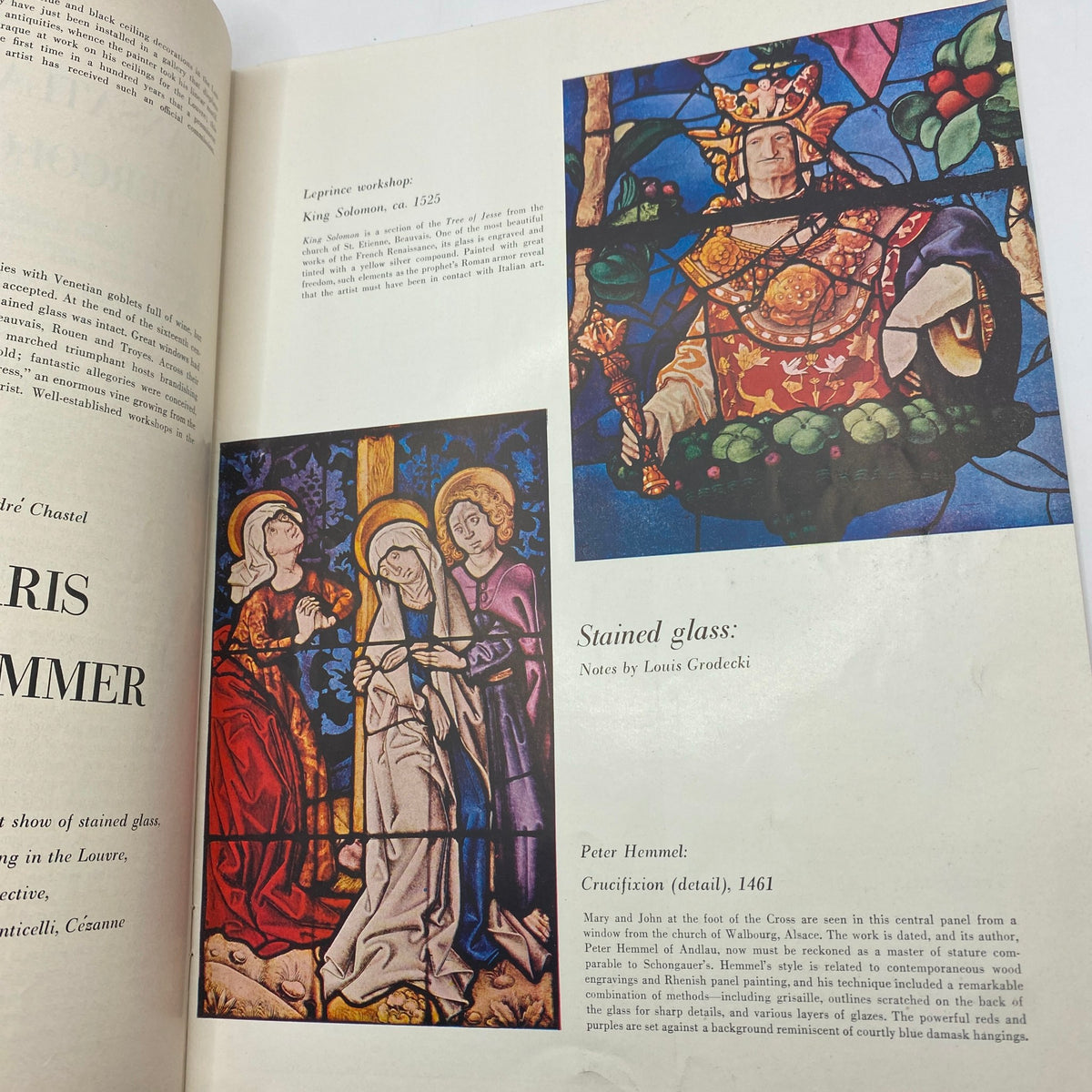 Interior page of VTG Art News Magazine Summer 1953 showcasing stained glass illustrations including 'King Solomon' and 'Crucifixion'.