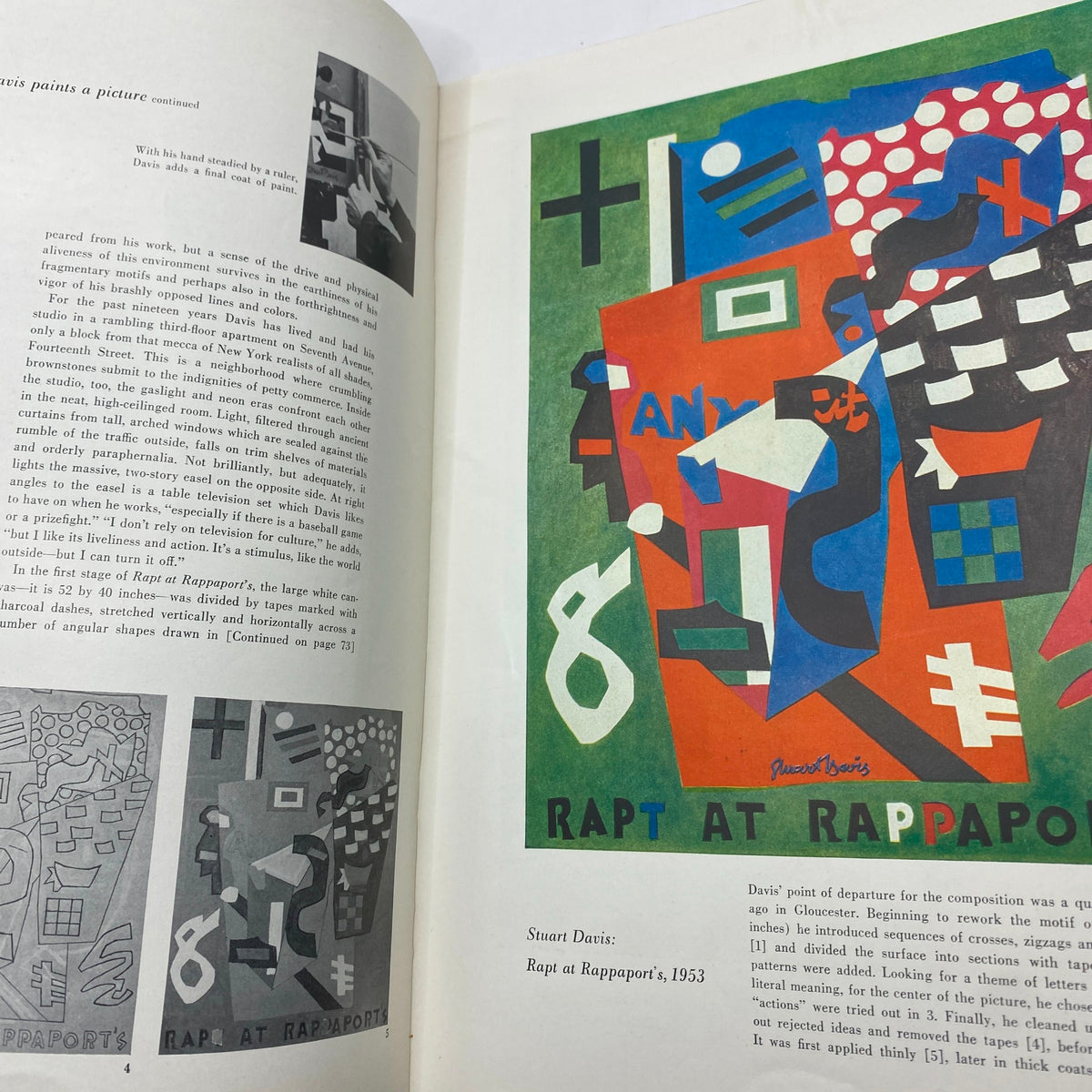 Interior page of VTG Art News Magazine Summer 1953 featuring the article 'Stuart Davis paints a picture' with colorful artwork by Stuart Davis.