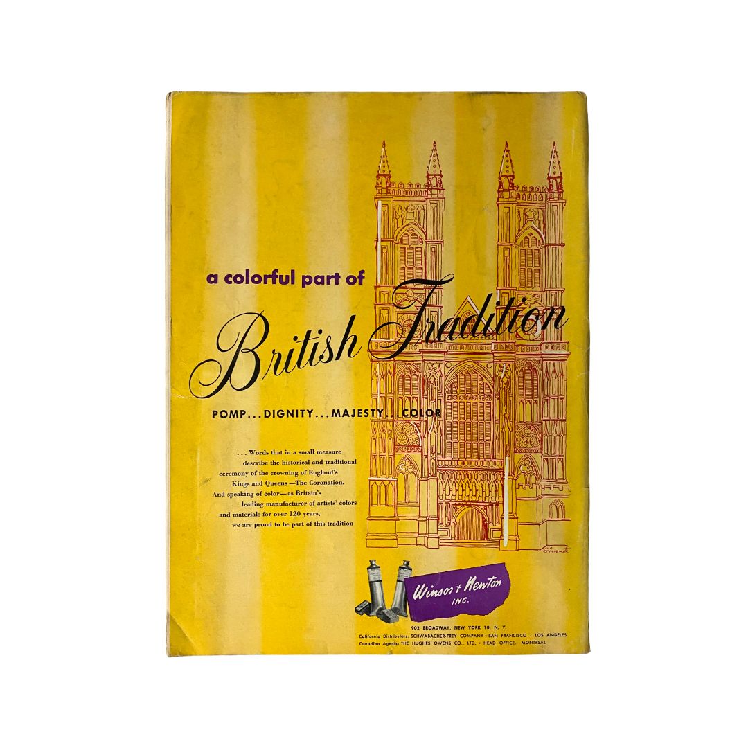 Back cover of VTG Art News Magazine Summer 1953 advertising British art tradition, featuring a colorful design with Westminster Abbey illustration.
