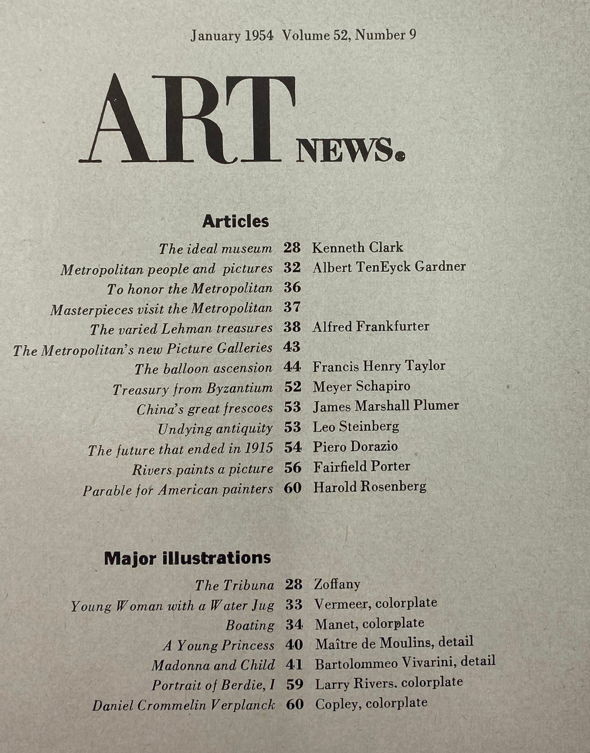 Table of contents from the January 1954 edition of VTG Art News Magazine, listing articles and illustrations related to the Metropolitan Museum re-opening.