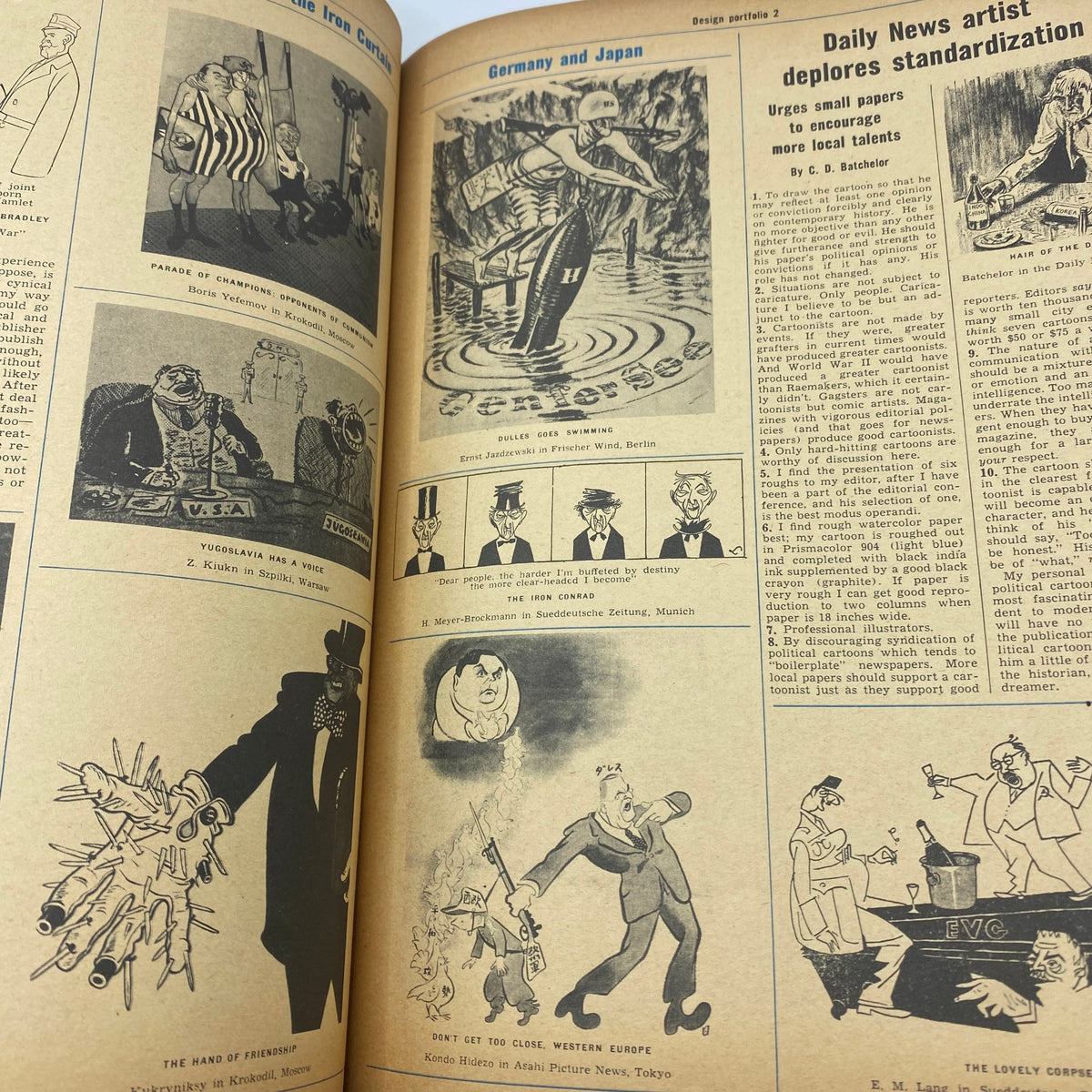 Vintage illustration from the October 1954 Art News Magazine featuring political cartoons on Germany and Japan.