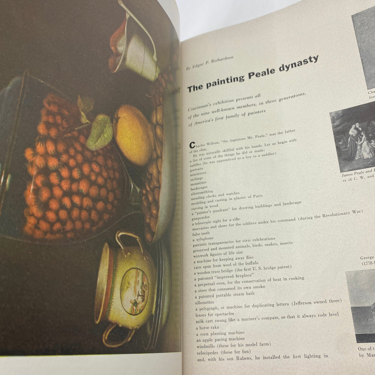 A detailed page from the October 1954 Art News Magazine discussing the Peale dynasty, showcasing still-life artwork.
