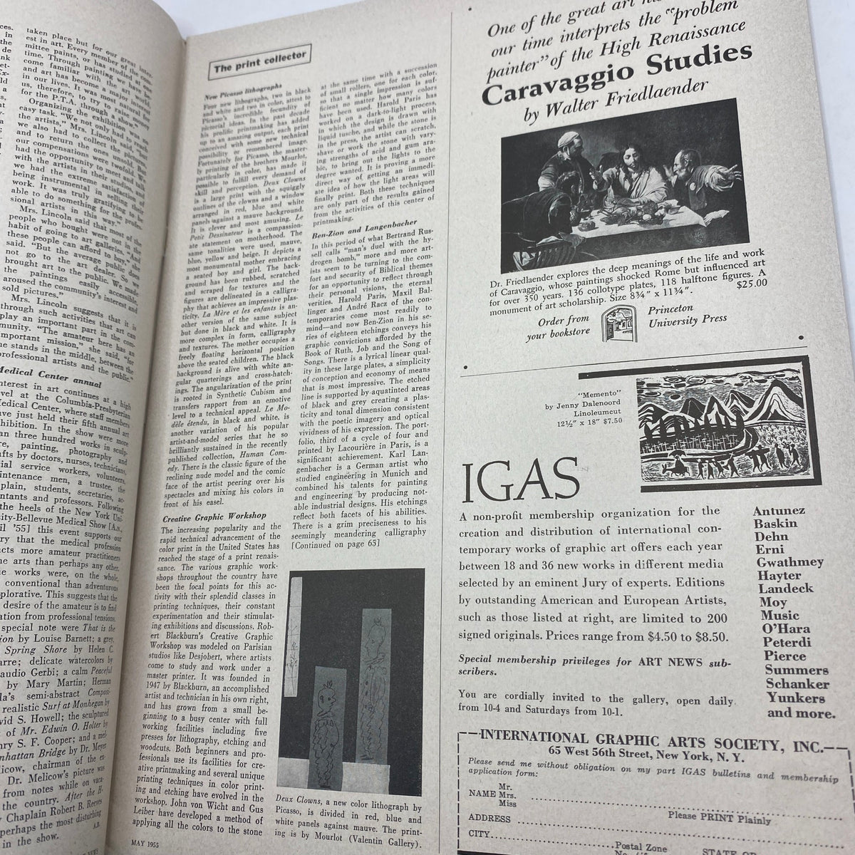 Feature article on Caravaggio from the May 1955 issue of VTG Art News Magazine, detailing his influence and artistry.