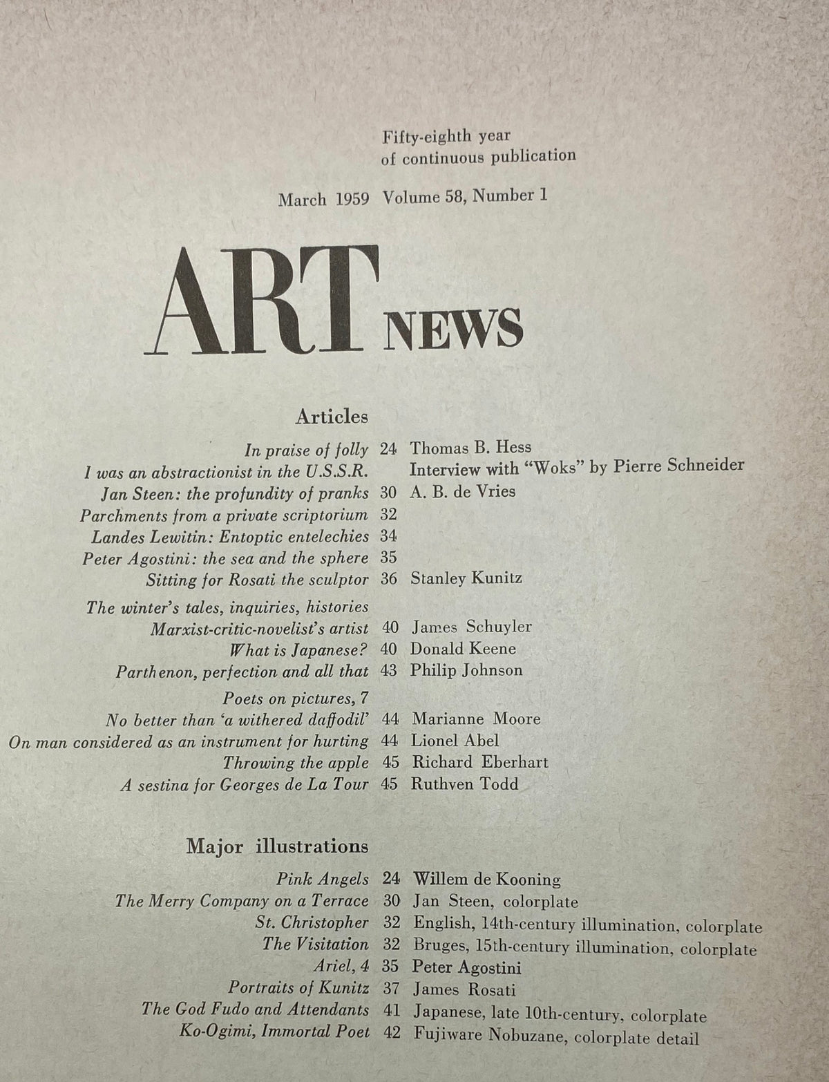 Table of contents of Art News Magazine March 1959, listing articles and major illustrations, highlighting the publication's focus on late 1950s art and design.