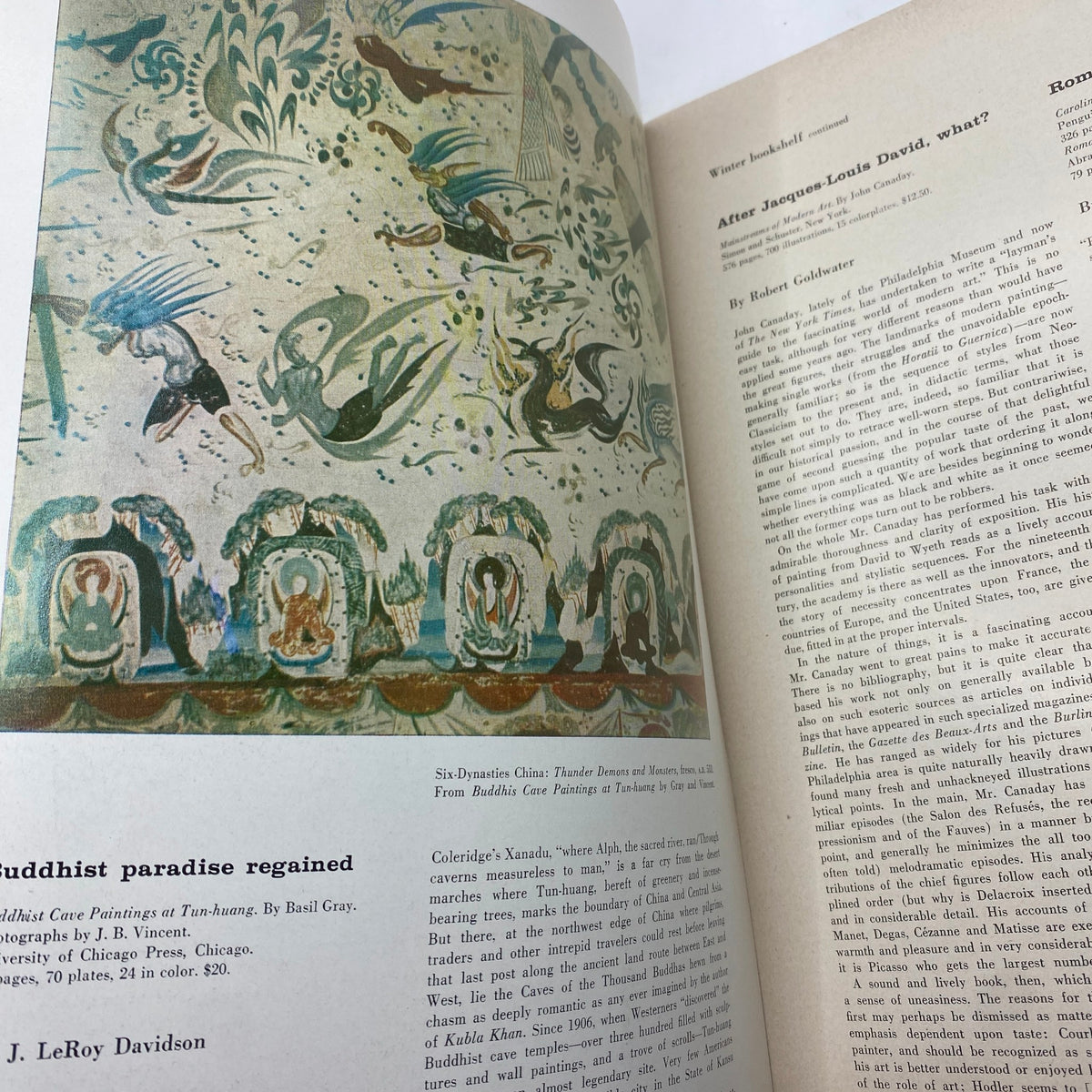 Detail from VTG Art News Magazine December 1959 titled 'The Drowned Child Restored to Life,' featuring Buddhist cave paintings and artistic renditions of paradise.