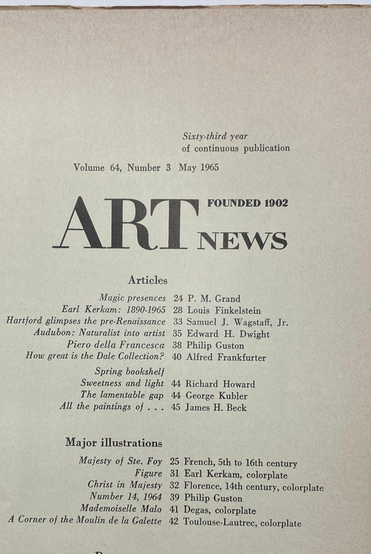 Contents page of VTG Art News Magazine May 1965 Volume 64, No. 3 listing features and articles related to the art world.