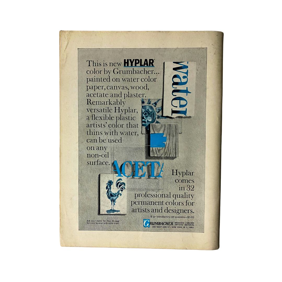 Advertisement for Hyplar color by Grumbacher featured in the VTG Art News Magazine May 1965 Volume 64, No. 3, showcasing versatile artist colors suitable for various surfaces.