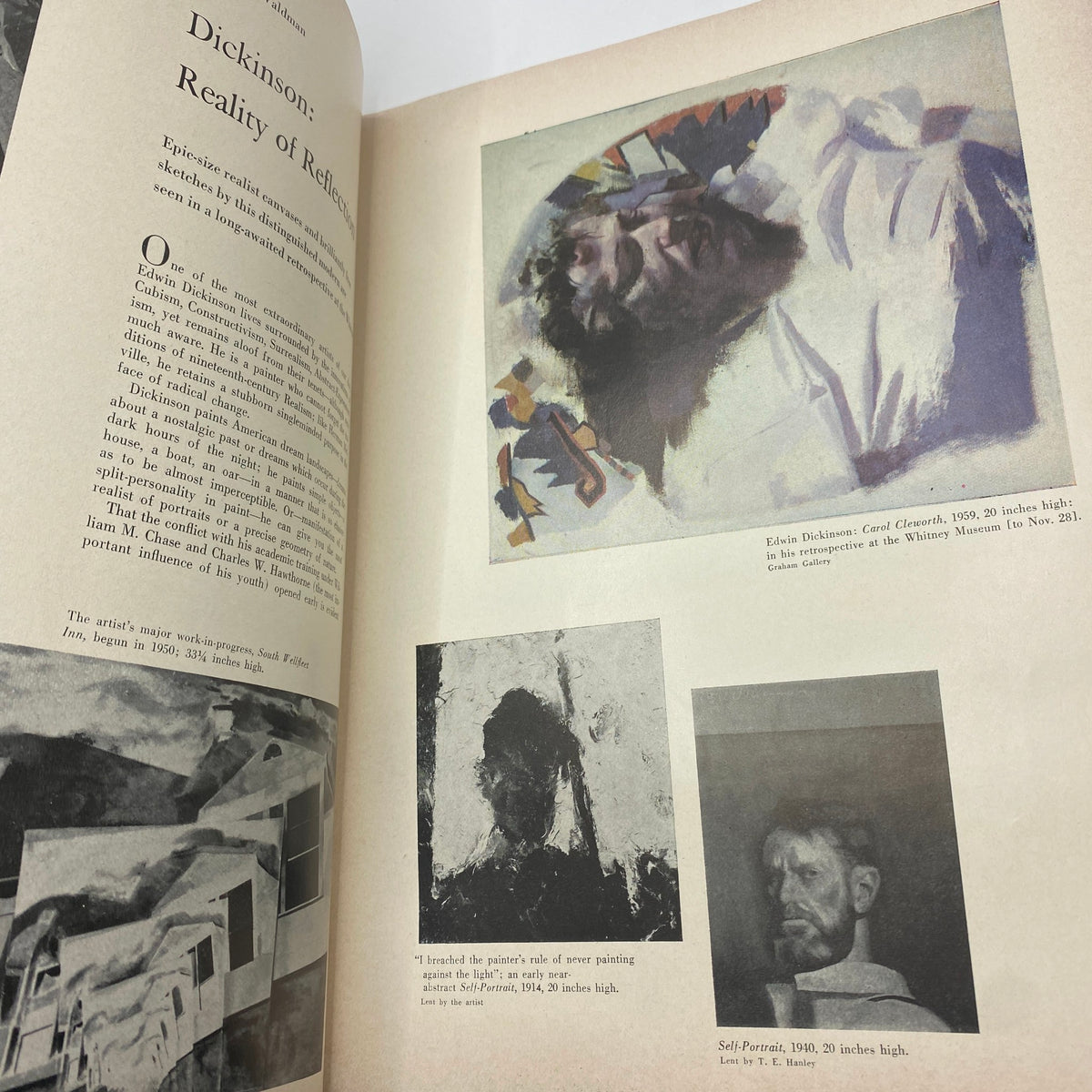 Inside page of VTG Art News Magazine November 1965 featuring the article titled 'Dickinson: Reality of Reflection' with images and descriptions of Dickinson's art.